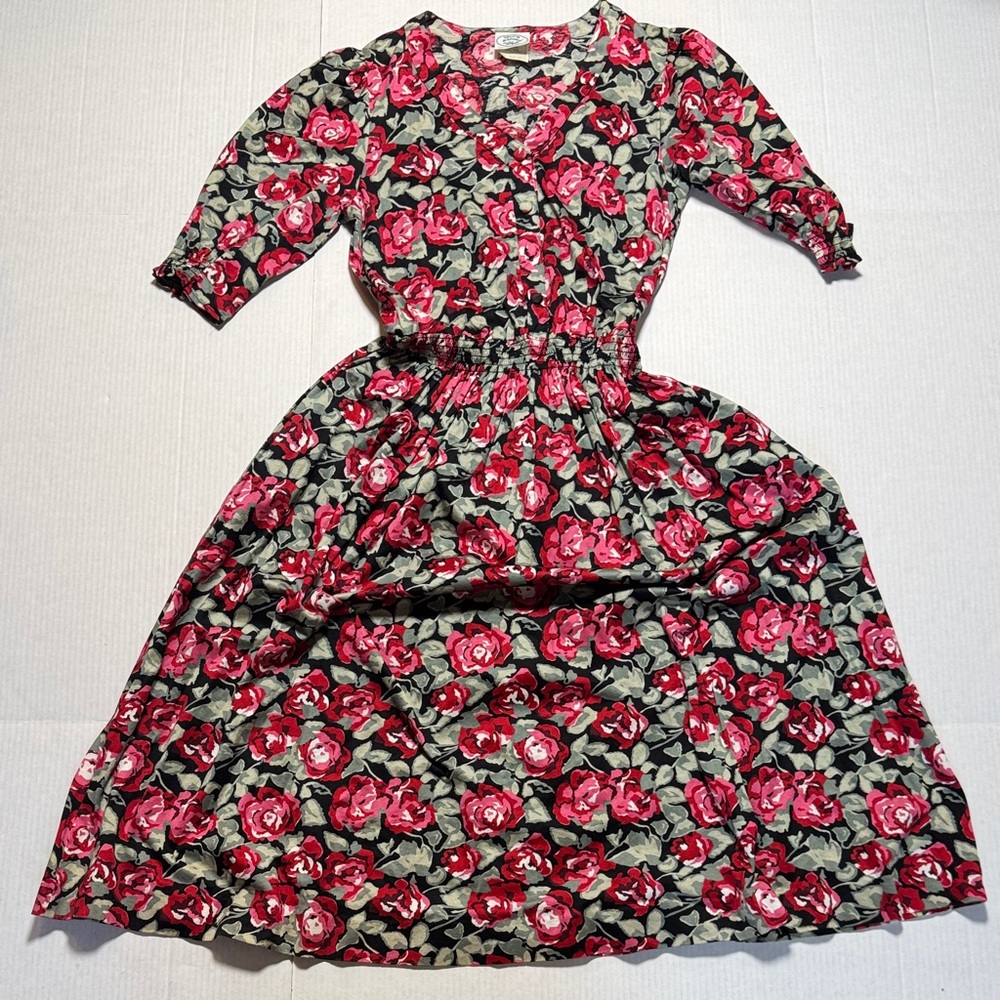 LAURA ASHLEY Vintage Floral Midi Dress Red Rose Print Made in Great Britain 14
